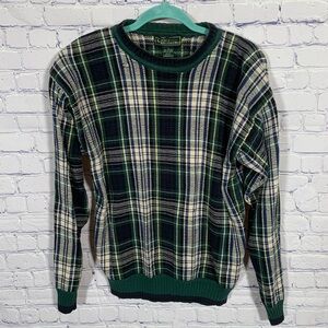 Croft & Barrow Mens VTG Plaid Crewneck Sweater Size S Green Blue Cream Golf Prep